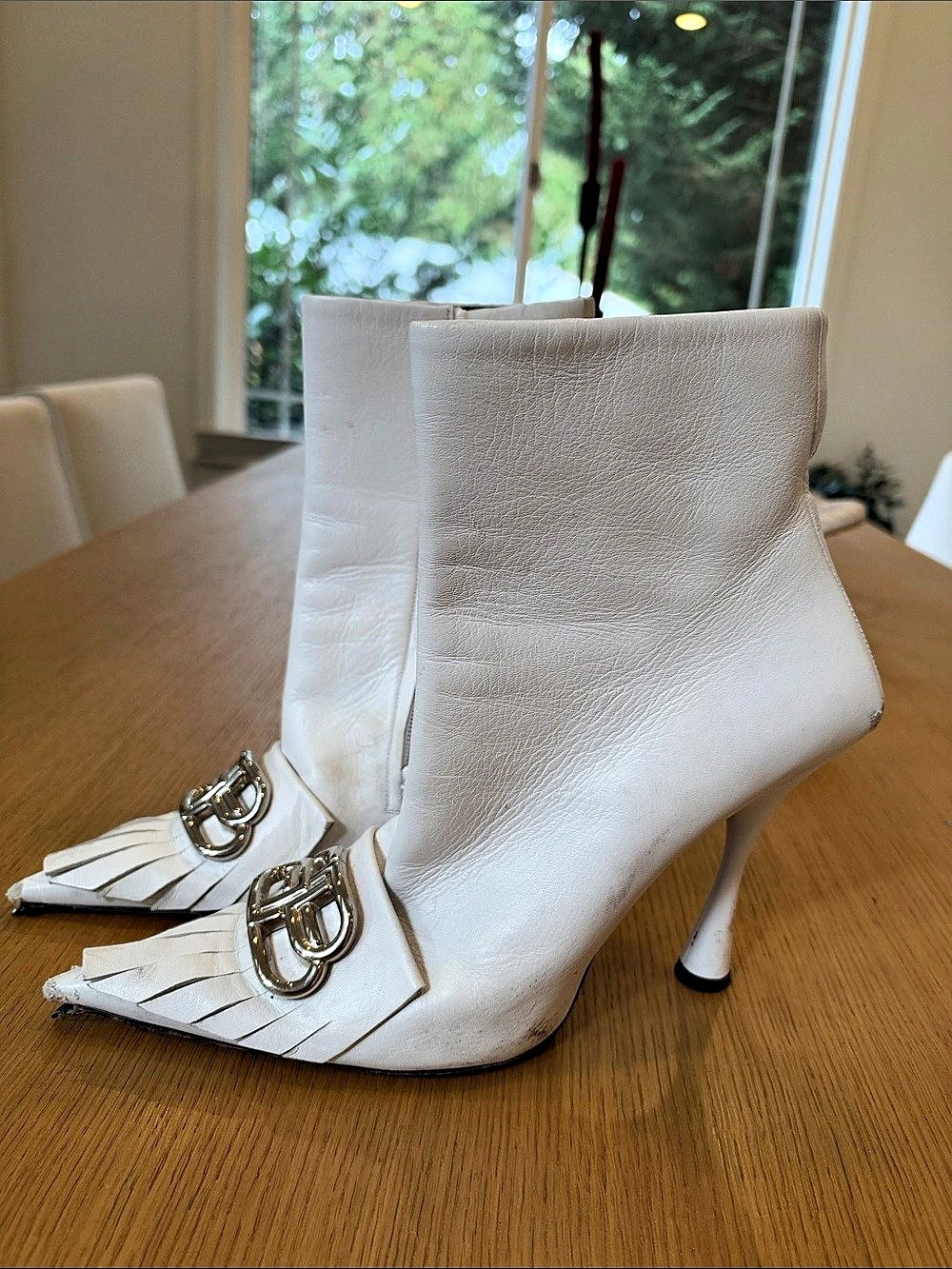 Balenciaga BB Fringe Knife Booties White Heeled Boots